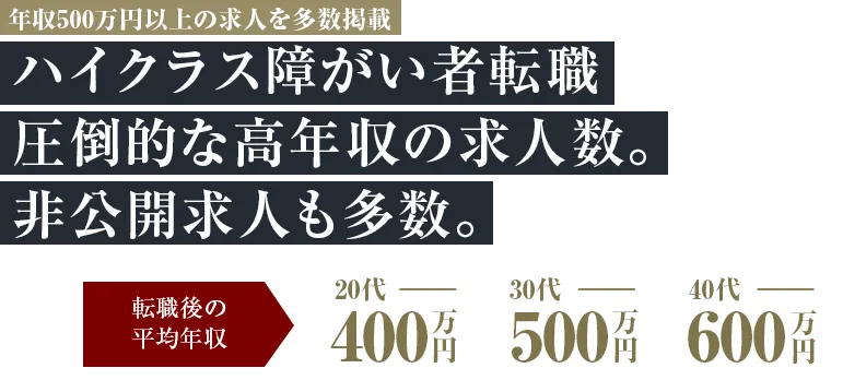 年収500万円以上の求人を多数掲載　ハイクラス障がい者転職 圧倒的な高年収の求人数。非公開求人も多数。　転職後の平均年収 20代400万円 30代500万円 40代600万円　障がい者向け転職支援サービス顧客満足度No.1　※［調査実施機関］株式会社リンクアンドパートナーズ［アンケートモニター提供元］GMOリサーチ株式会社